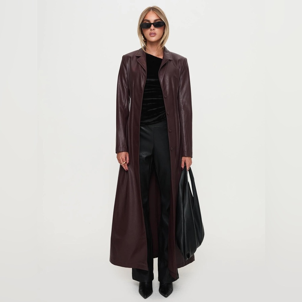 NWT - Princess Polly -Speak Easy Long Line Faux Leather Coat Burgundy